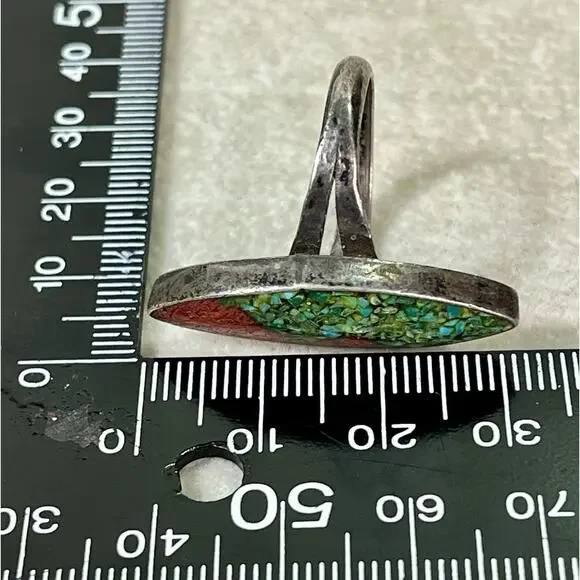 Old Pawn Sterling Silver Southwestern Turquoise Red Coral Inlay Ring Size 7.75